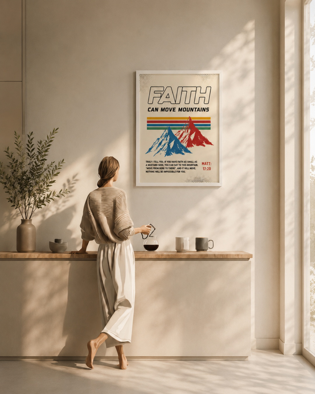 "Faith Can Move Mountains" Retro Framed Wall Art – Matthew 17:20 Scripture Print