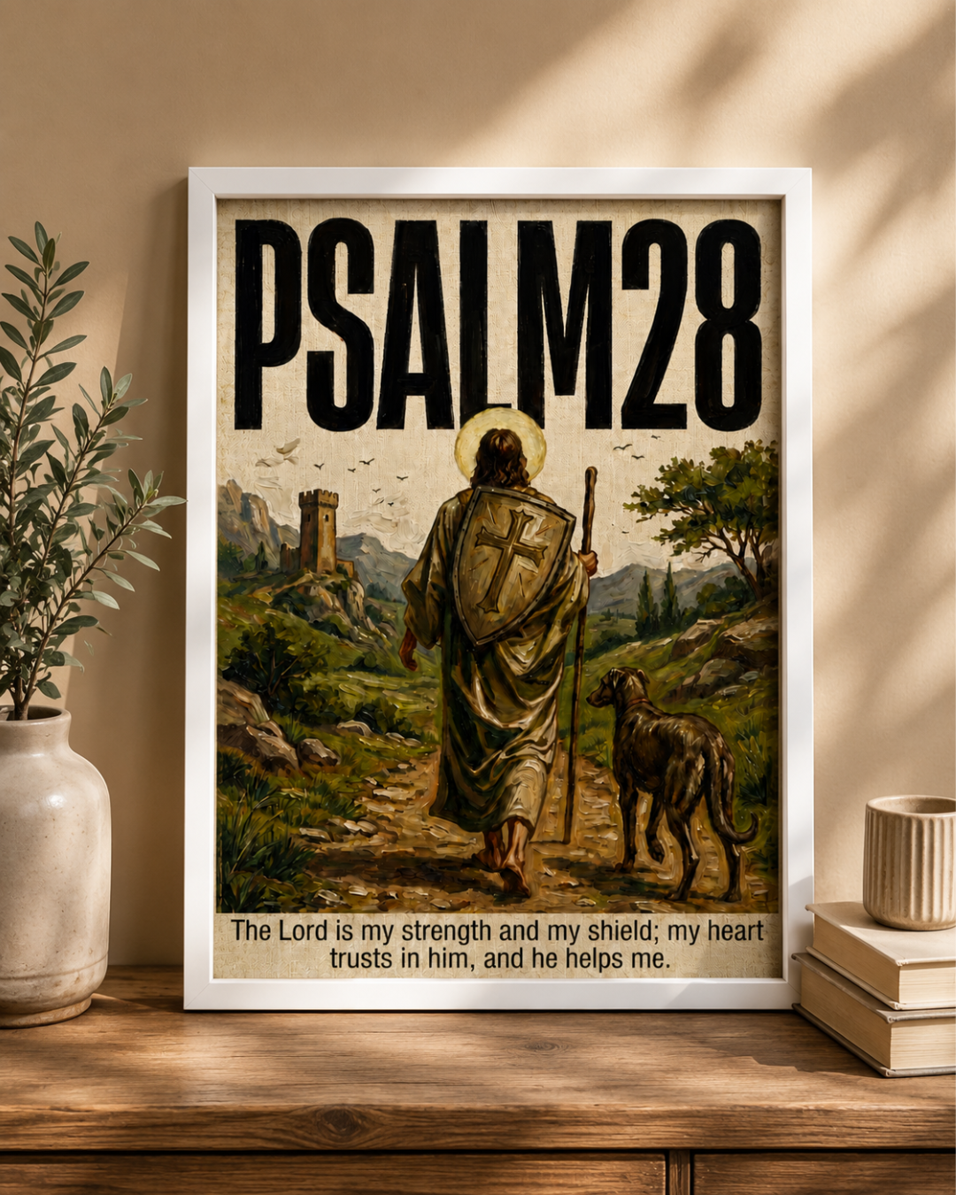"Psalm 28" Framed Wall Art – Vintage Oil Painting Style Scripture Print