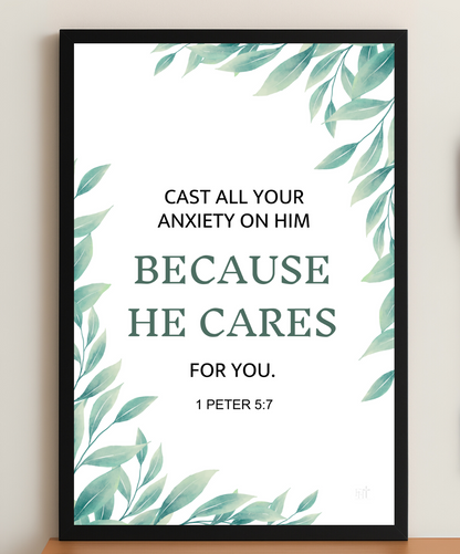 Because He Cares for You – Bible Verse Wall Decor | Christian wall art | Bible verse wall Art | Inspirational Bible verse frame