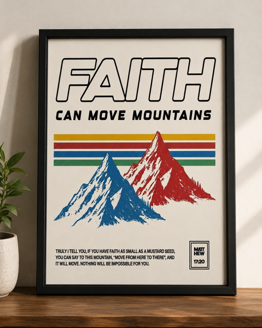"Faith Can Move Mountains" Retro Framed Wall Art – Matthew 17:20 Scripture Print