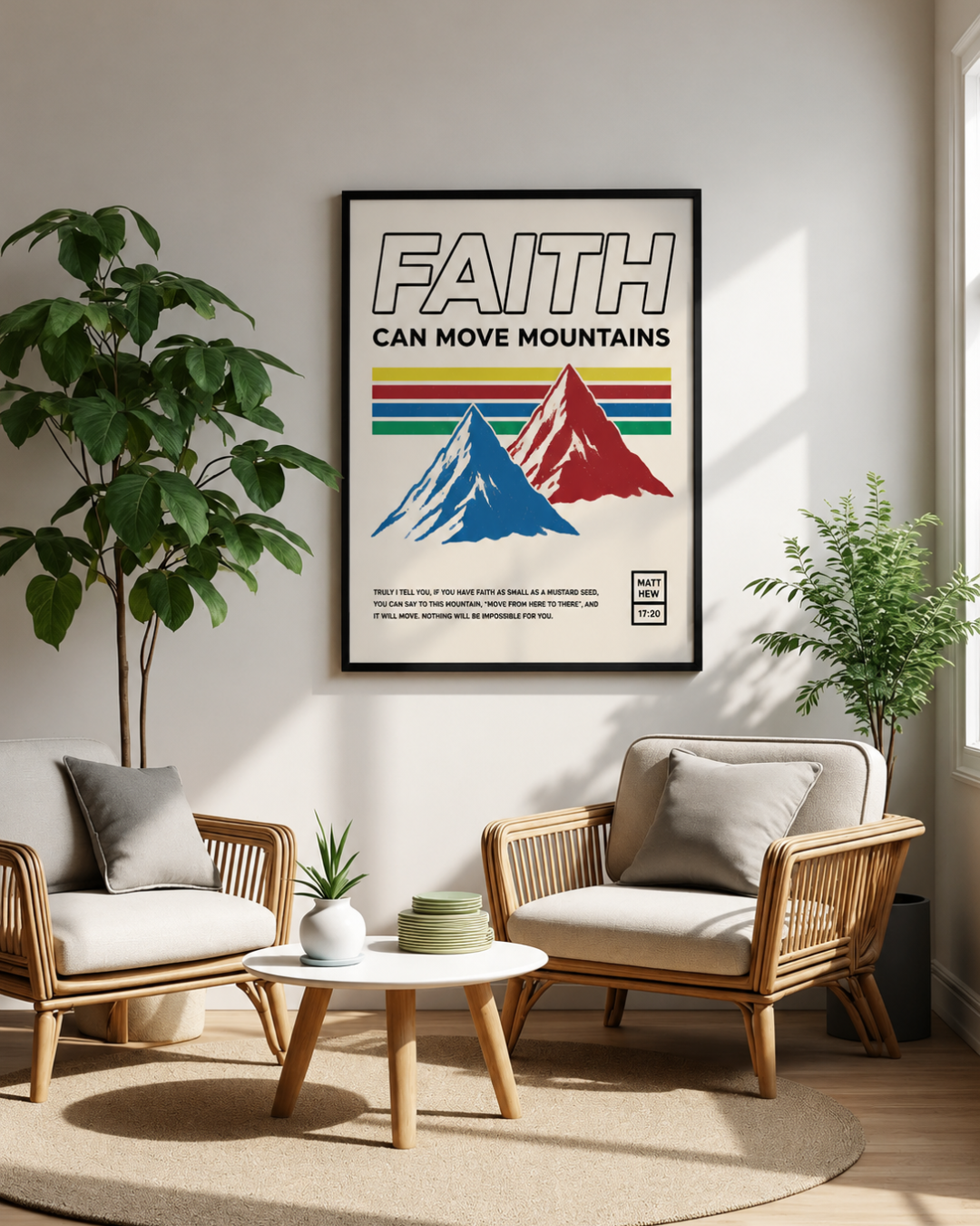 "Faith Can Move Mountains" Retro Framed Wall Art – Matthew 17:20 Scripture Print