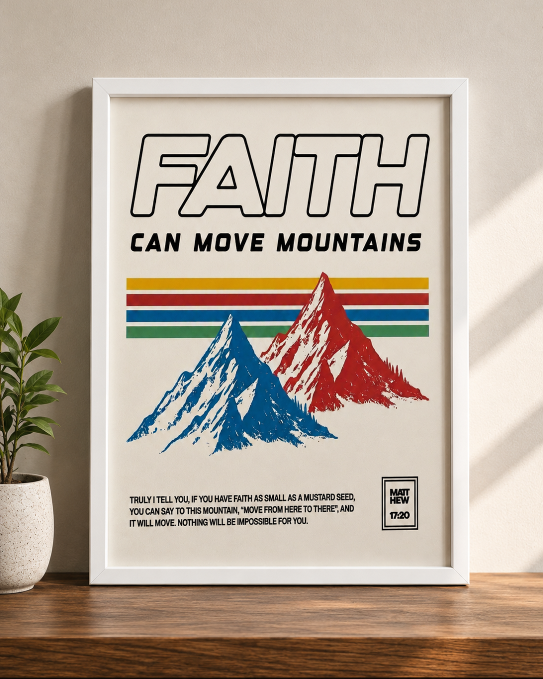 "Faith Can Move Mountains" Retro Framed Wall Art – Matthew 17:20 Scripture Print