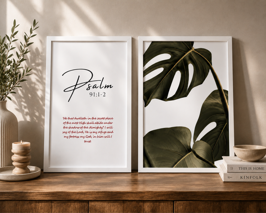 Psalm 91:1-2 Scripture Print & Botanical Leaf Wall Art – 2 Piece Framed Set