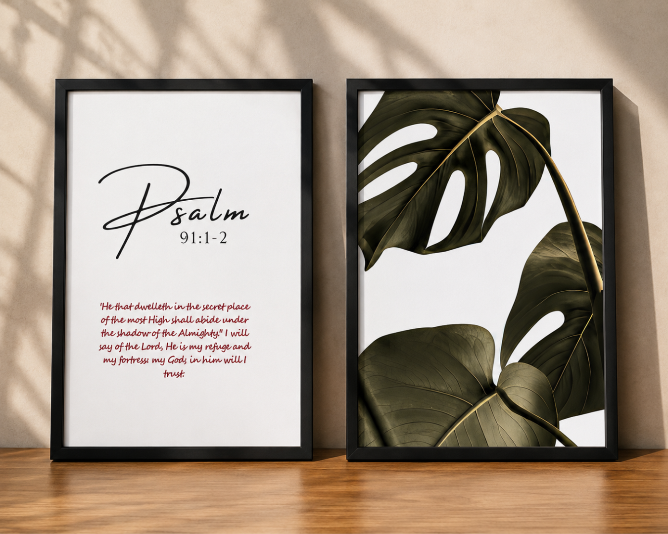 Psalm 91:1-2 Scripture Print & Botanical Leaf Wall Art – 2 Piece Framed Set
