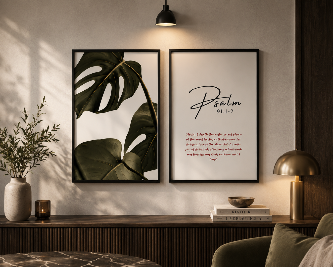 Psalm 91:1-2 Scripture Print & Botanical Leaf Wall Art – 2 Piece Framed Set