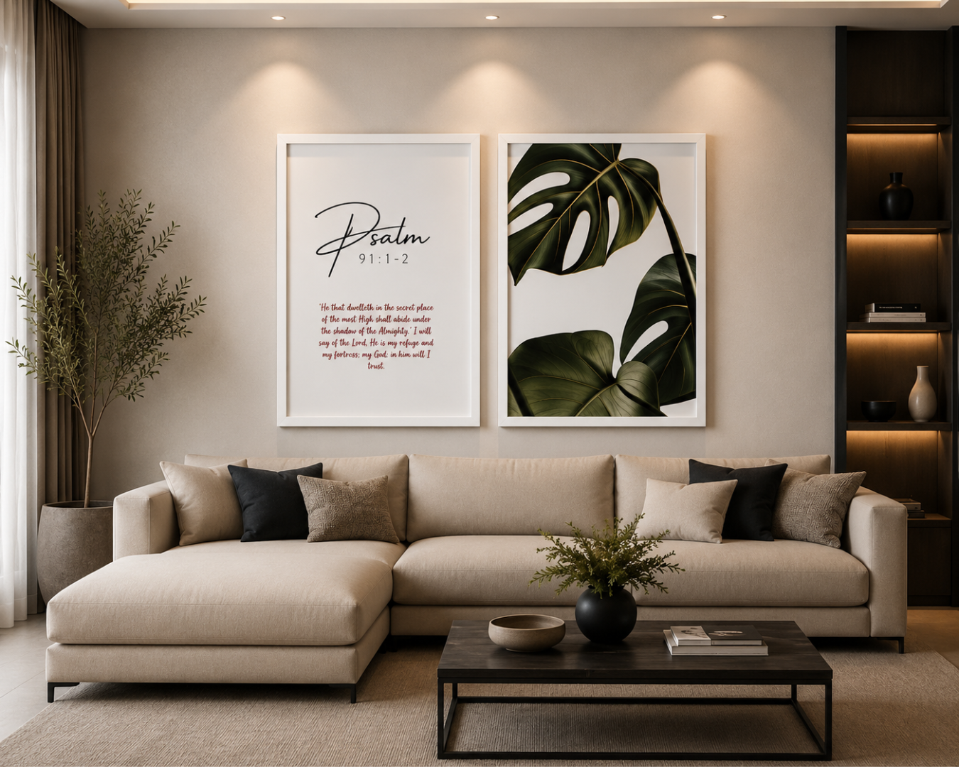 Psalm 91:1-2 Scripture Print & Botanical Leaf Wall Art – 2 Piece Framed Set