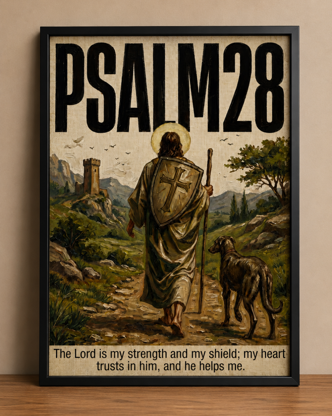 "Psalm 28" Framed Wall Art – Vintage Oil Painting Style Scripture Print
