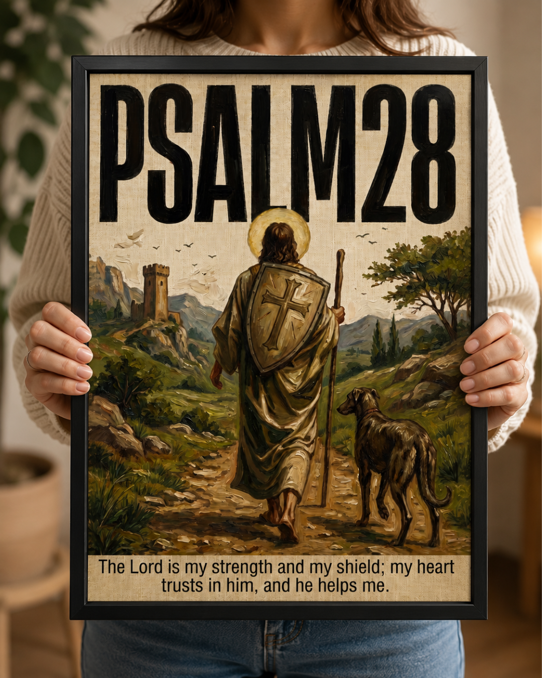"Psalm 28" Framed Wall Art – Vintage Oil Painting Style Scripture Print